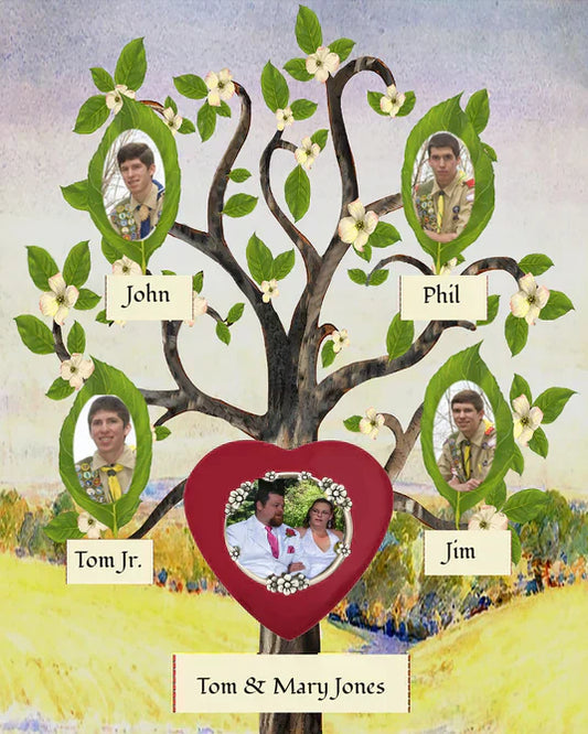 Whimiscal Flowering Dogwood tree with a nuclear family photos within it