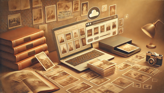 photos on a desk along with a laptop, scanner, and a camera,