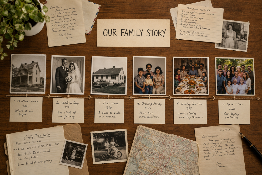 Example family storyboard with photographs, captions, letters, a recipe, and family-history notes arranged chronologically.