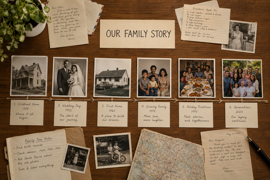 Example family storyboard with photographs, captions, letters, a recipe, and family-history notes arranged chronologically.